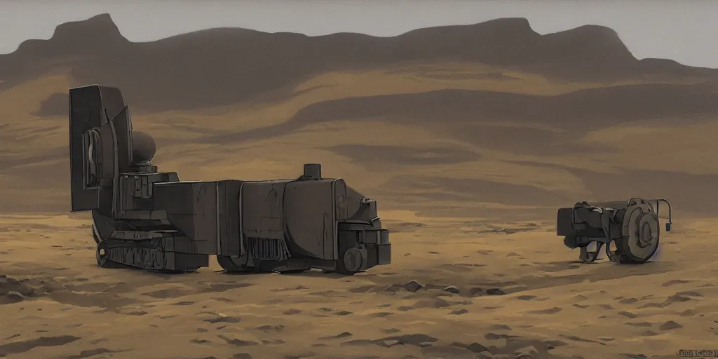 Image similar to barren icelandic landscape, dark gravel, huge abandoned mining equipment, style of ralph mcquarrie