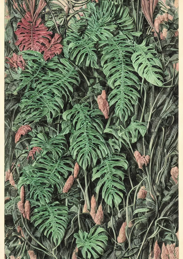 Prompt: elaborate colourful natural monstera deliciosa and zebrina alocasia illustrations by ernst haeckel of the biological world
