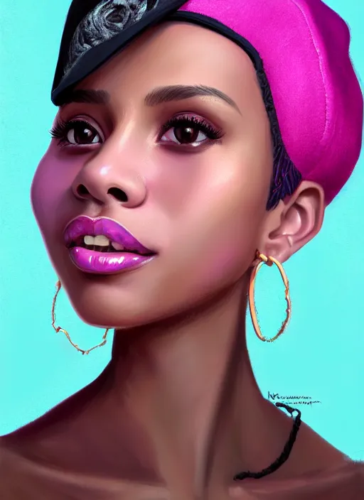 Prompt: portrait of young vanessa morgan with bright pink hair, black girl, vanessa morgan, curly pixie cut hair, wearing purple newsboy cap, newsboy cap, subtle smile, hoop earrings, intricate, elegant, glowing lights, highly detailed, digital painting, artstation, concept art, smooth, sharp focus, illustration, art by wlop, mars ravelo and greg rutkowski