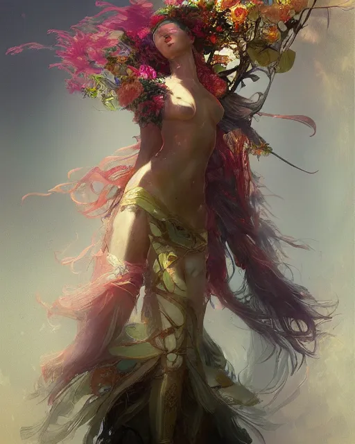 Image similar to Floralpunk elysian Maiden of radiant light by Ruan Jia, award winning art, Artstation, art nouveau aesthetic