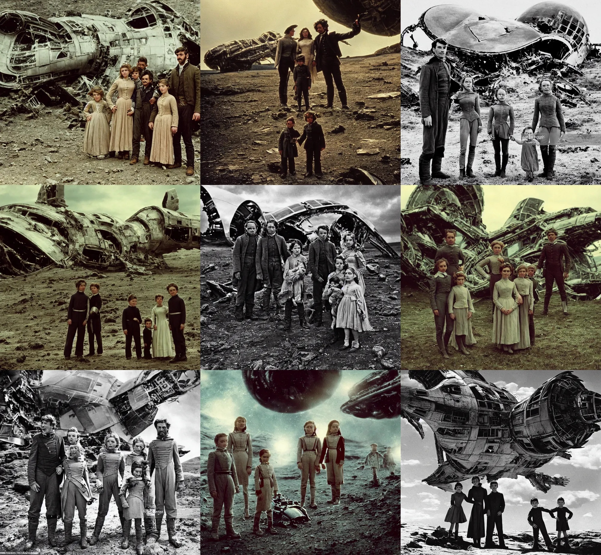 Image similar to extremely sharply detailed, 7 0 mm film from blockbuster 9 6 k sci fi color movie freeze frame, set 1 8 6 0, family standing in front of crashed spaceship, on alien planet, looking happy, wearing 1 8 5 0 s era clothes, atmospheric lighting, in focus, reflective eyes, 9 9 9 mm lens, live action, nice composition and photography, clear faces