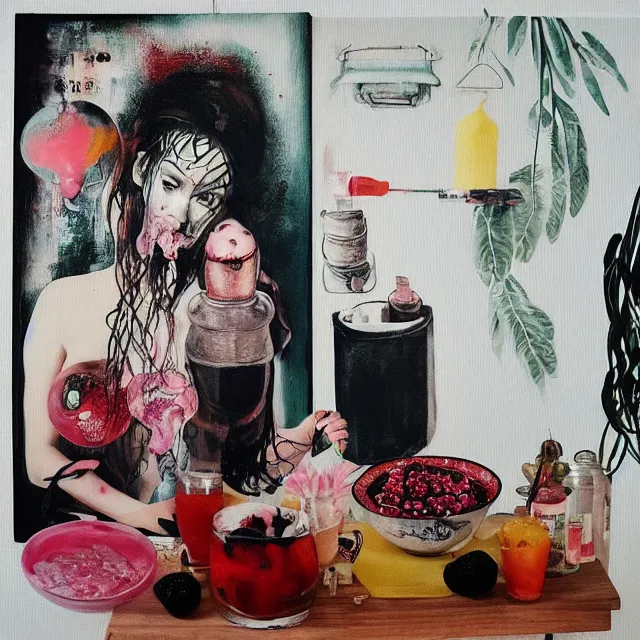 Image similar to “ a portrait in a female art student ’ s apartment, sensual, a pig theme, pork, art supplies, surgical iv bag, octopus, ikebana, herbs, a candle dripping white wax, japanese pottery, squashed berries, berry juice drips, acrylic and spray paint and oilstick on canvas, surrealism, neoexpressionism ”