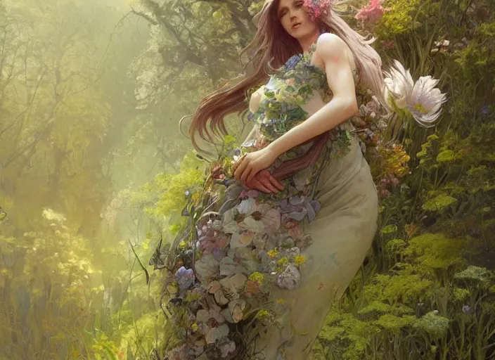 Image similar to a woman and a man made of moss and flowers, beautiful high quality realistic fantasy art, trending on artstation by artgerm and greg rutkowski and alphonse mucha