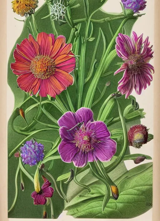 Image similar to fantasy scientific botanical illustration of colorful flower with a mouth and teeth on its base