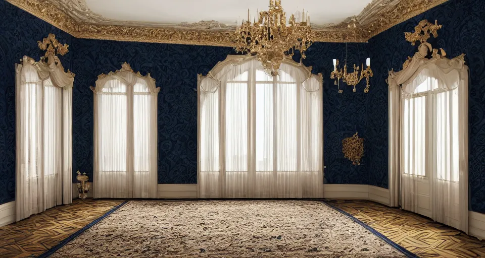 Prompt: view into an ornate baroque room with navy blue damask walls and mahogany floor, windows looking out at neatly manicured lawn and hedges, 8 k, octane render
