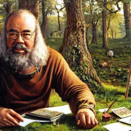 Prompt: Gary Gygax Gary Gygax plays dungeons and dragons in the middle of a field, game dungeons and dragons, Rye (Shishkin), painting by Ivan Shishkin, Ernest Gary Gygax face, photo by Gary Gygax, painting by Valentin Serov, oil painting, hyperrealism, beautiful, high resolution,