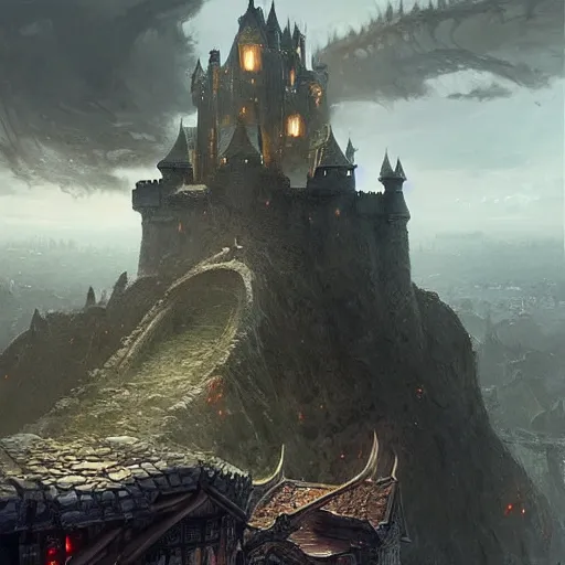 Image similar to a dragon attacking a castle, city background, dramatic light, gorgeous view, depth, high detail, digital art, painted by greg rutkowski, trending on artstation