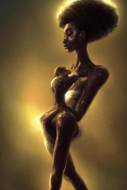 Image similar to black prima ballerina, gorgeous, ethereal, intricate, elegant, volumetric lighting, nature scenery, digital painting, highly detailed, artstation, sharp focus, illustration, concept art, clive barker