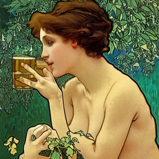 Image similar to “ girl drinking a beer under a tree, art nouveau, very detailed, gold leaf, plants, illustration by alphonse mucha ”