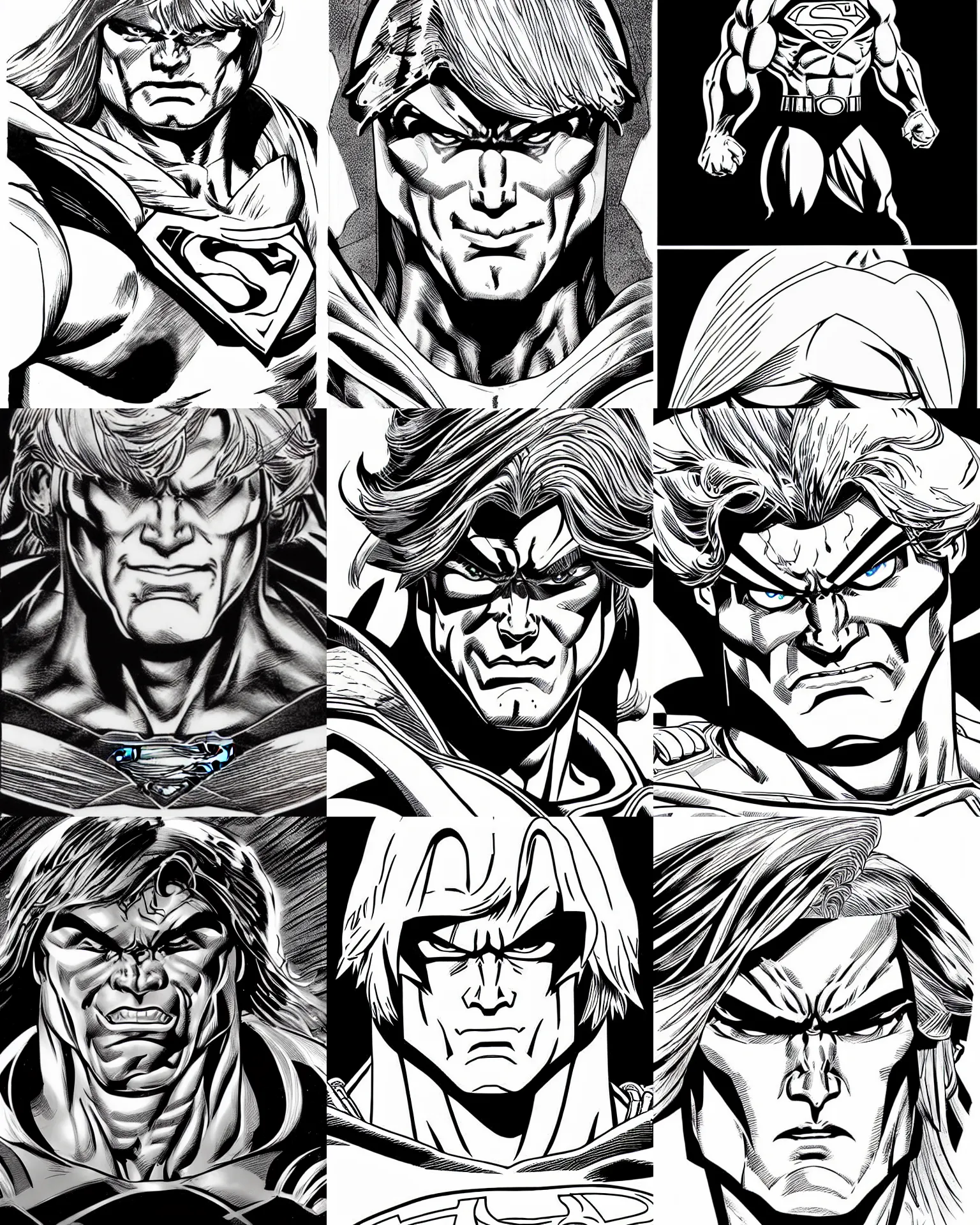 Prompt: he - man!!! jim lee!!! macro face shot!! flat ink sketch by jim lee face close up headshot superman costume in the style of jim lee, x - men superhero comic book character by jim lee