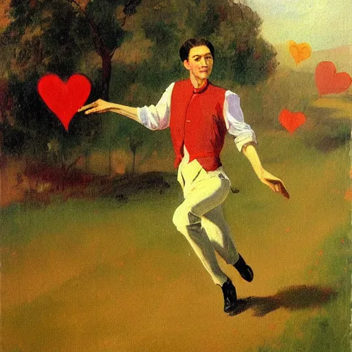 Image similar to a beautiful painting of a thin man running after hearts floating in the air through beautiful fields. in his arm he has a basket full of hearts. in style of ilya repin, trending on artstation