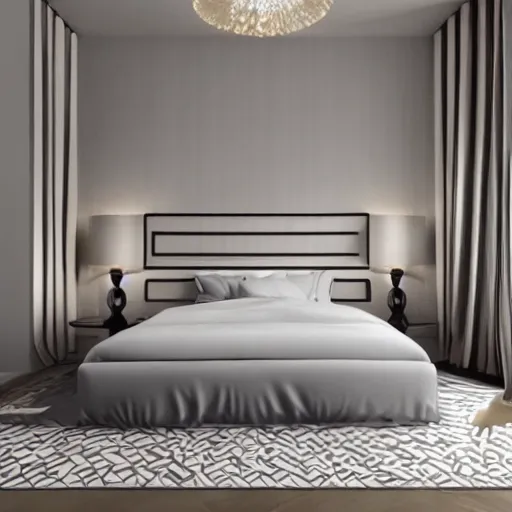 Image similar to a modern minimalist art deco bedroom