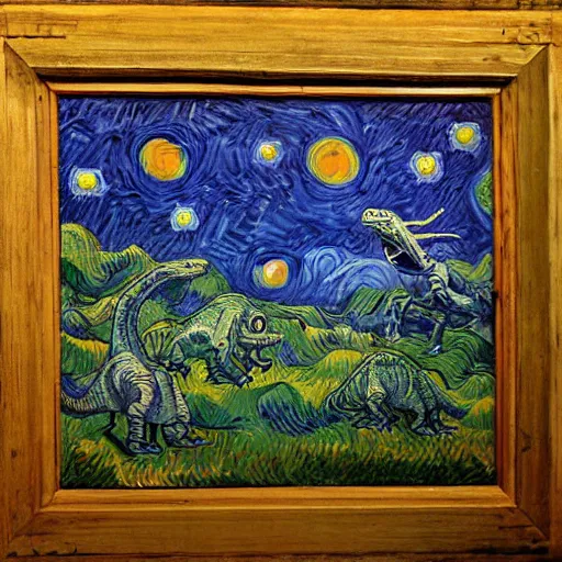 Image similar to painting of the extinction of the dinosaurs, in the style of vincent van gogh