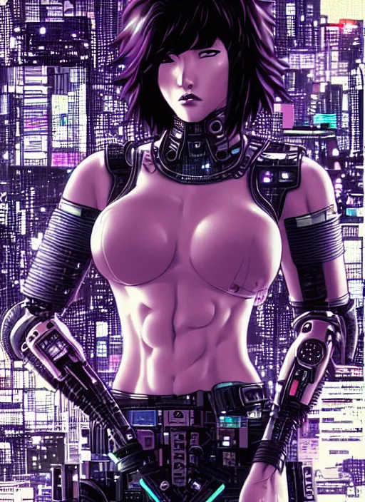 Image similar to motoko kusanagi in grungy cyberpunk megacity, intricate and finely detailed, cyberpunk vaporwave, portrait by j scott campbell, phil jimenez, ilya kuvshinov