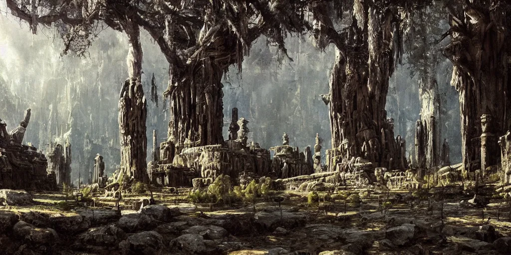 Image similar to a alien temple, by ivan shishkin, by james gurney, detailed, atmospheric, 8 k