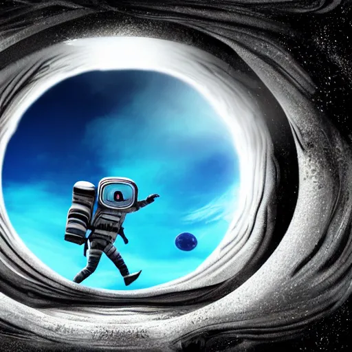 Image similar to alien landscape with futuristic portal to another alien planet, astronaut stepping through the portal