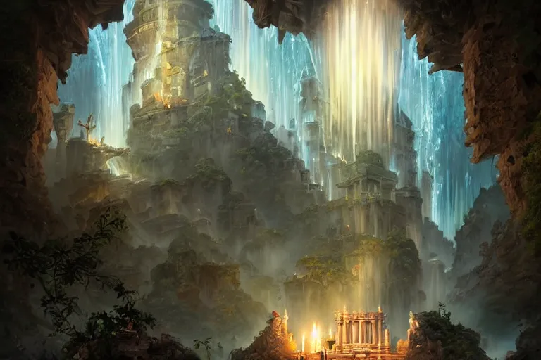 Prompt: Detailed Exterior of Temple Ruins, Cascading Waterfalls, light of god, light shafts, candles, stunning atmosphere, in Style of Peter Mohrbacher, cinematic lighting