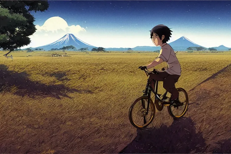 Image similar to a boy riding his bike through the plains of rural japan, high intricate details, rule of thirds, golden ratio, cinematic light, anime style, graphic novel by fiona staples and dustin nguyen, by beaststars and orange, peter elson, alan bean, studio ghibli, makoto shinkai