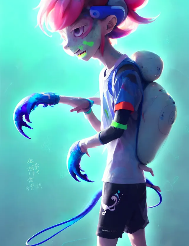 Image similar to a beautiful portrait of a cute splatoon anime boy wearing sport clothing and leggings under shorts barefoot. character design by cory loftis, fenghua zhong, ryohei hase, ismail inceoglu and ruan jia. artstation, volumetric light, detailed, photorealistic, fantasy, rendered in octane