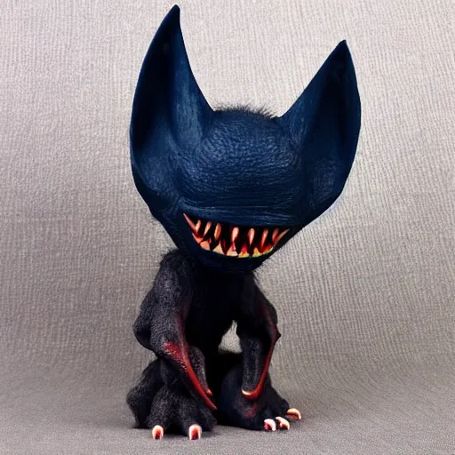 Image similar to detailed full body of scary giant mutant dark blue humanoid pygmy-bat, glowing red eyes, sharp teeth, acid leaking from mouth, realistic, giant, bat ears, bat nose, furred, covered in soft fur, detailed, 85mm f/1.4