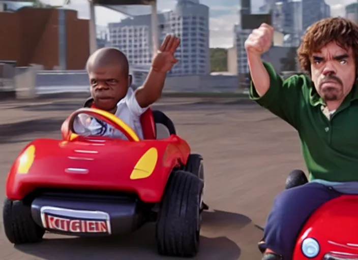 Image similar to peter dinklage racing gary coleman driving a little tikes cars, movie still, from the new fast and furious movie, 8 k, realistic