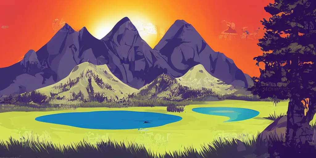 Image similar to illustration of a big and beautiful mountain with a clear pond in front of it and an orange sun behind the mountain, vector art