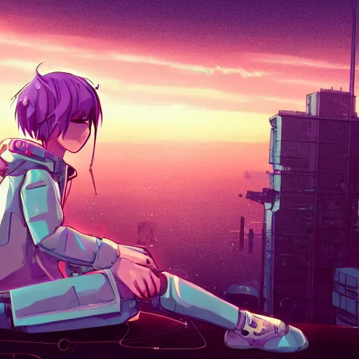 Prompt: android mechanical cyborg anime girl child overlooking overcrowded urban dystopia sitting. Pastel pink clouds baby blue sky. Gigantic future city. Raining. Makoto Shinkai. Wide angle. Distant shot. Purple sunset. Sunset ocean reflection. Pink hair. Pink and white hoodie. Cyberpunk. featured on artstation. robotic wired knee. white sweater.