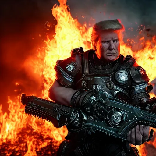 Prompt: Photo portrait of Donald Trump burning in hell!! in Gears of War, splash art, movie still, detailed face, photorealistic facial features, cinematic lighting, dramatic, octane render, long lens, shallow depth of field, bokeh, anamorphic lens flare, 8k, hyper detailed, 35mm film grain