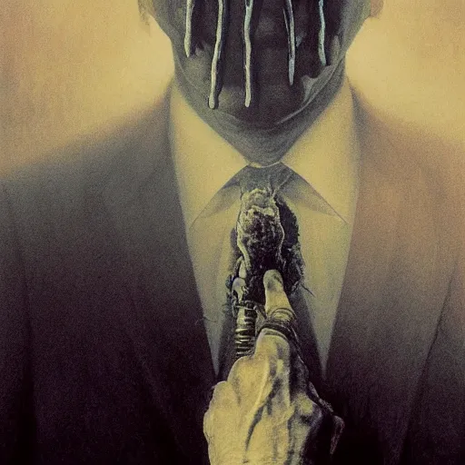 Image similar to presidential portrait of joe biden with shadowy mist pouring from mouth and nose as slenderman, by beksinski, jon mcnaughton, and stephen gammell