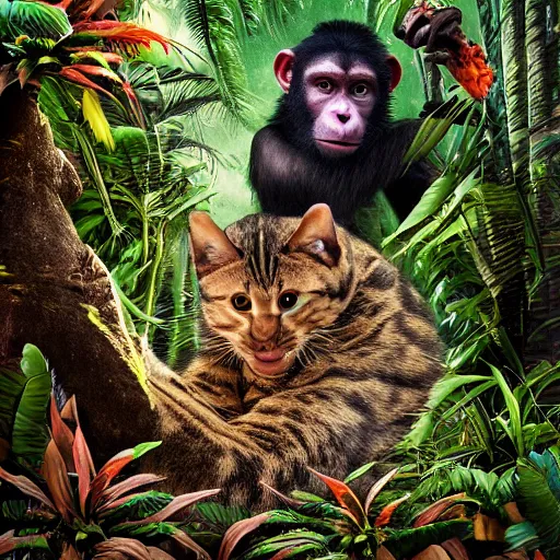 Image similar to frightening jungle scene featuring a create that is half ape half cat, extreme detail, hyperrealistic photo, gloomy