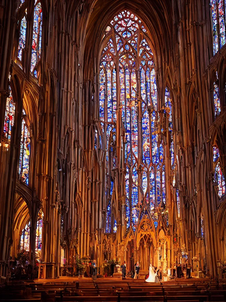 Prompt: an image of a wedding in a cathedral with beautiful stained glass windows beaming the sunset light, by Seb Mckinnon , wlop, Thomas Kindkade