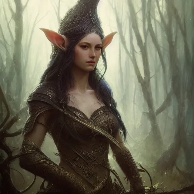 Image similar to close up portrait of a beautiful female elven warrior, magical forest background fantasy atmosphere. art by greg rutkowski. highly detailed, intricate, lifelike. sci - fi, fantasy, magical, nikon d 8 5 0.