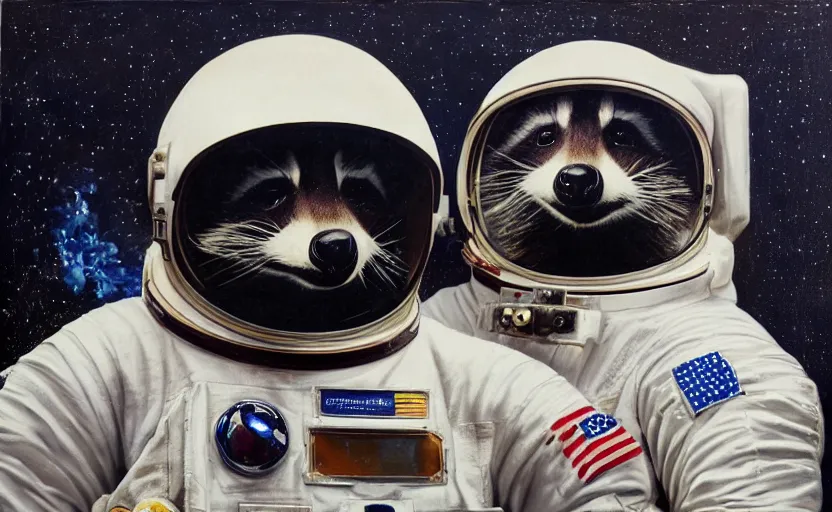 Image similar to oil painting of a racoon in a astronaut suit with helmet, 35mm, photo, Epic, cinematic, highly detailed and intricate