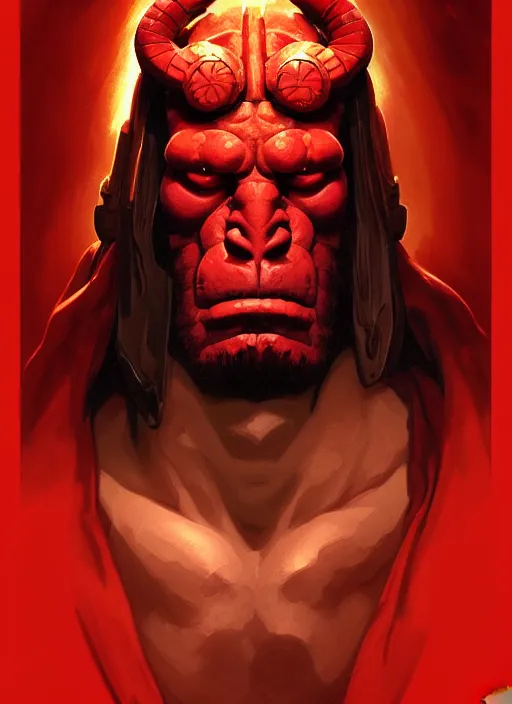 Image similar to portrait of hellboy, intricate, elegant, highly detailed, my rendition, digital painting, artstation, concept art, smooth, sharp focus, illustration, art by artgerm and greg rutkowski and alphonse mucha and uang guangjian and gil elvgren and sachin teng, symmetry!!