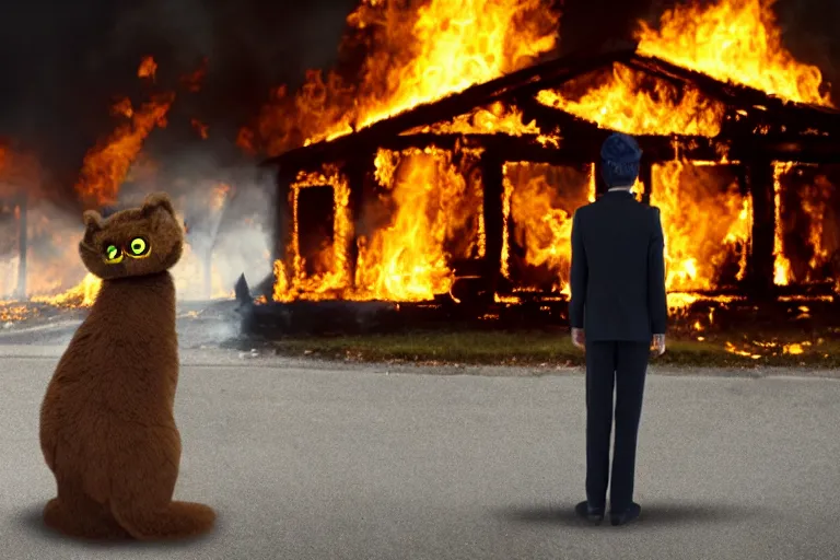 Prompt: disaster furry fursuit standing in front of burning house looking at viewer