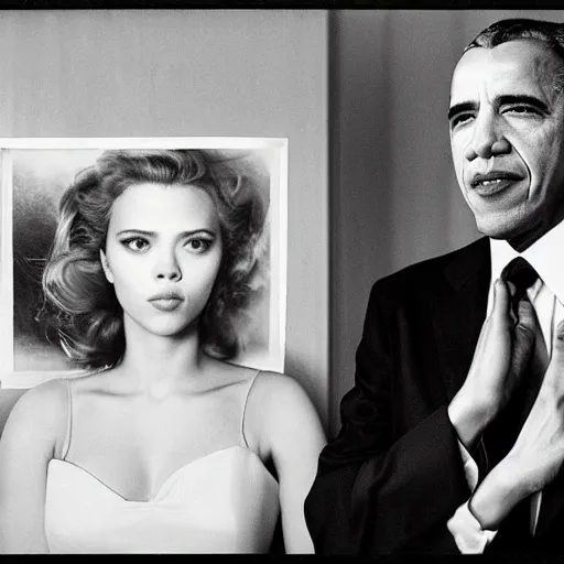 Image similar to photo of Scarlett Johannson and Obama, by Diane Arbus