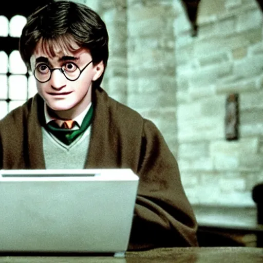 Image similar to Photo of Harry Potter using a computer in Hogwarts