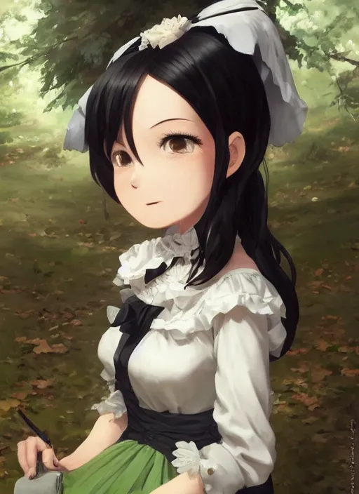 Prompt: a close up of a victorian maid with black bob hairstyle sitting in a forest. cute button eyes. by makoto shinkai, stanley artgerm lau, wlop, rossdraws, james jean, andrei riabovitchev, marc simonetti, krenz cushart, sakimichan, trending on artstation, digital art.