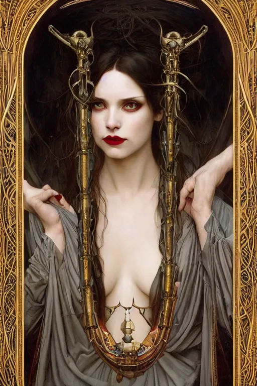 Image similar to masterpiece painting of beautiful vampire girl by donato giancola, darius zawadzki and tom bagshaw, face by artgerm and edmund leighton, alphonse mucha, background by james jean and h. r. giger, 8 k, biomechanical horror, majestic, volumetric lighting, porcelain skin, french nouveau, trending on pixiv