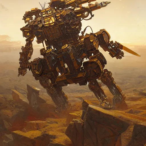 Image similar to epic painting of a realistic four - legged intricate battle robot, rule of thirds, golden ratio, subject in center of frame, trending on artstation, detailed science fiction matte painting by artgerm and greg rutkowski and alphonse mucha,