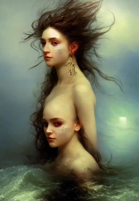 Image similar to three-quarters portrait with papery flaking skin, piercing multi-colored eyes, and under water flowing hair, dreams of the fae; painted in oil on canvas; highly detailed surrealism by Aleksi Briclot and Ivan Aivazovsky; 8k