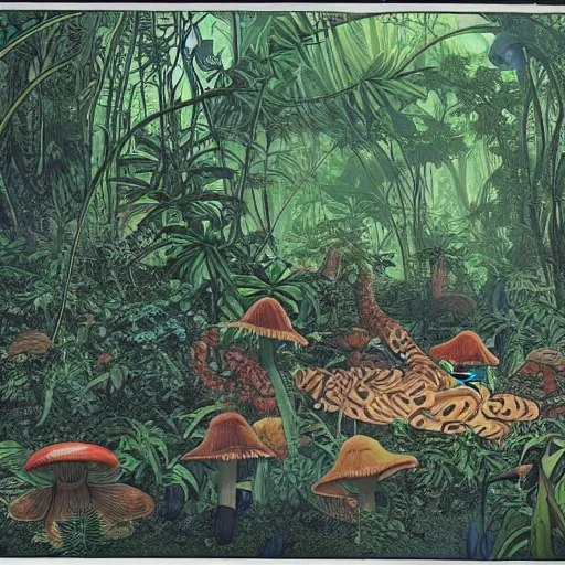 Prompt: 1 8 th century jungle, lush, alien planet, mushrooms, snakes, paradise, masterpiece by moebius, — ar 1 6 : 9