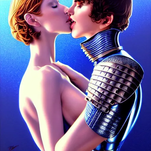 Image similar to beautiful woman kissing a knight, confident pose, blue sky, art by peter lloyd 1 9 8 0, airbrush style, art by hajime sorayama,, intricate, elegant, sharp focus, illustration, highly detailed, concept art, matte, sharp focus, illustration, highly detailed, concept art, h 6 4 0