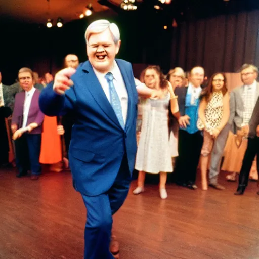 Prompt: Former House Speaker Newt Gingrich dancing his heart out. CineStill