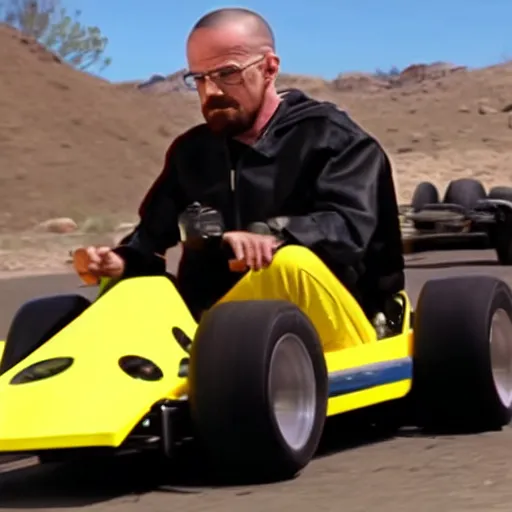 Prompt: a screencap of Walter White go-karting with Jessie Pinkman, Breaking Bad promo image