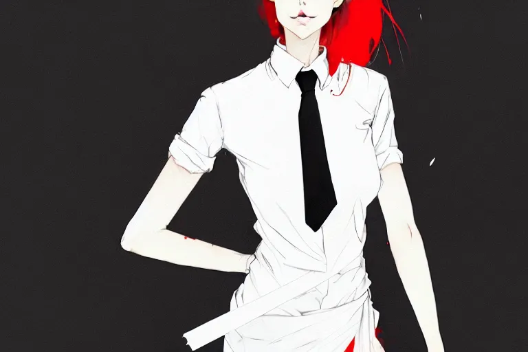 Image similar to a ultradetailed full body portrait of a woman dressed in a white shirt with a tie, by conrad roset, greg rutkowski and makoto shinkai trending on artstation