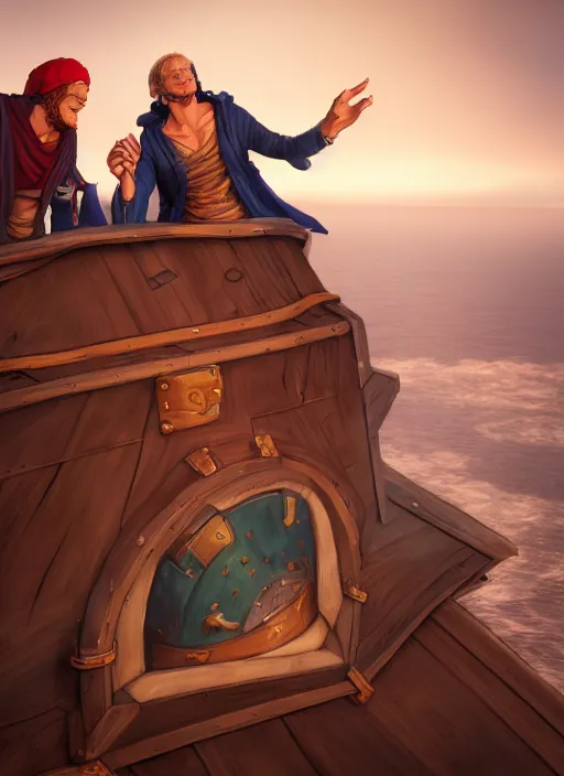 Image similar to an epic fantasy comic book style portrait painting of two bumbling idiot onepiece on the deck of a skyship looking at a chest, unreal 5, daz, hyperrealistic, octane render, cosplay, rpg portrait, dynamic lighting, very detailed faces