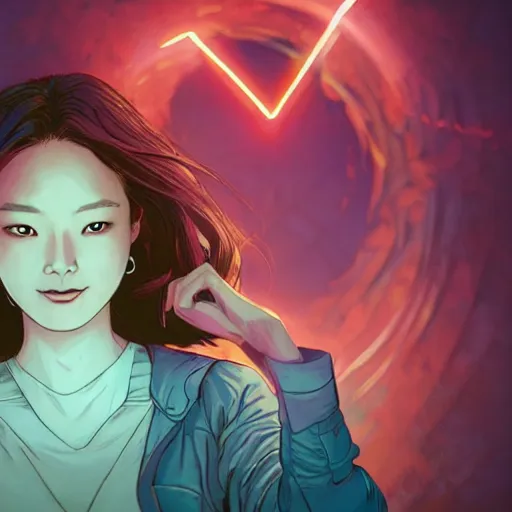 Image similar to portrait of jeon so min, falling in love, glowing with heart aura. sharp focus, cinematic pose, cinematic lighting, unreal engine render. art by josan gonzales and moebius and deathburger.