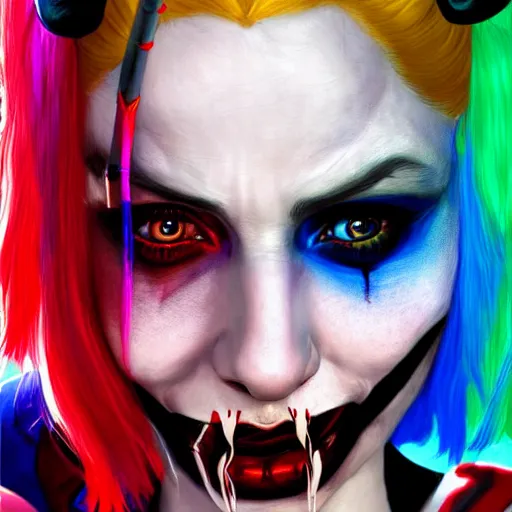 Image similar to Harley Quinn from the suicide squad, portrait, playful, fantasy, medieval, beautiful face, vivid colrs, elegant, concept art, sharp focus, digital art, Hyper-realistic, 4K, Unreal Engine, Highly Detailed, HD, Dramatic Lighting by Brom, trending on Artstation