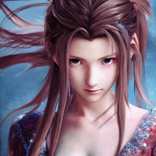 Prompt: portrait of aerith!!!!!!!!! from final fantasy vii, closed eyes, water - color painting by amano yoshitaka, ultra realistic, highly detailed, sharp focus, cinematic lighting, mood lighting, realistic, vivid colors, painting, photorealistic, digital art, non blurry, sharp, smooth, illustration